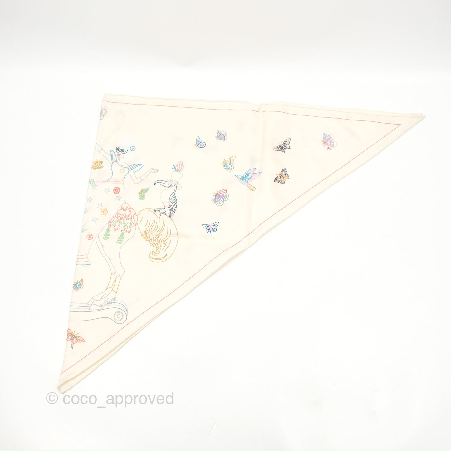 Hermes Story Embroidered Triangle Scarf Silk Ivory