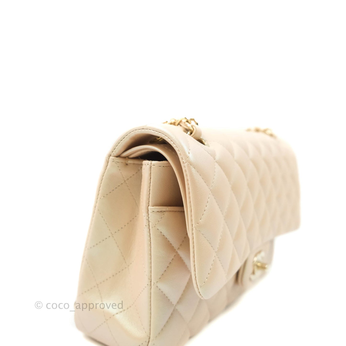Chanel Classic M/L Medium Double Flap Iridescent Beige Calfskin Gold Hardware 21S