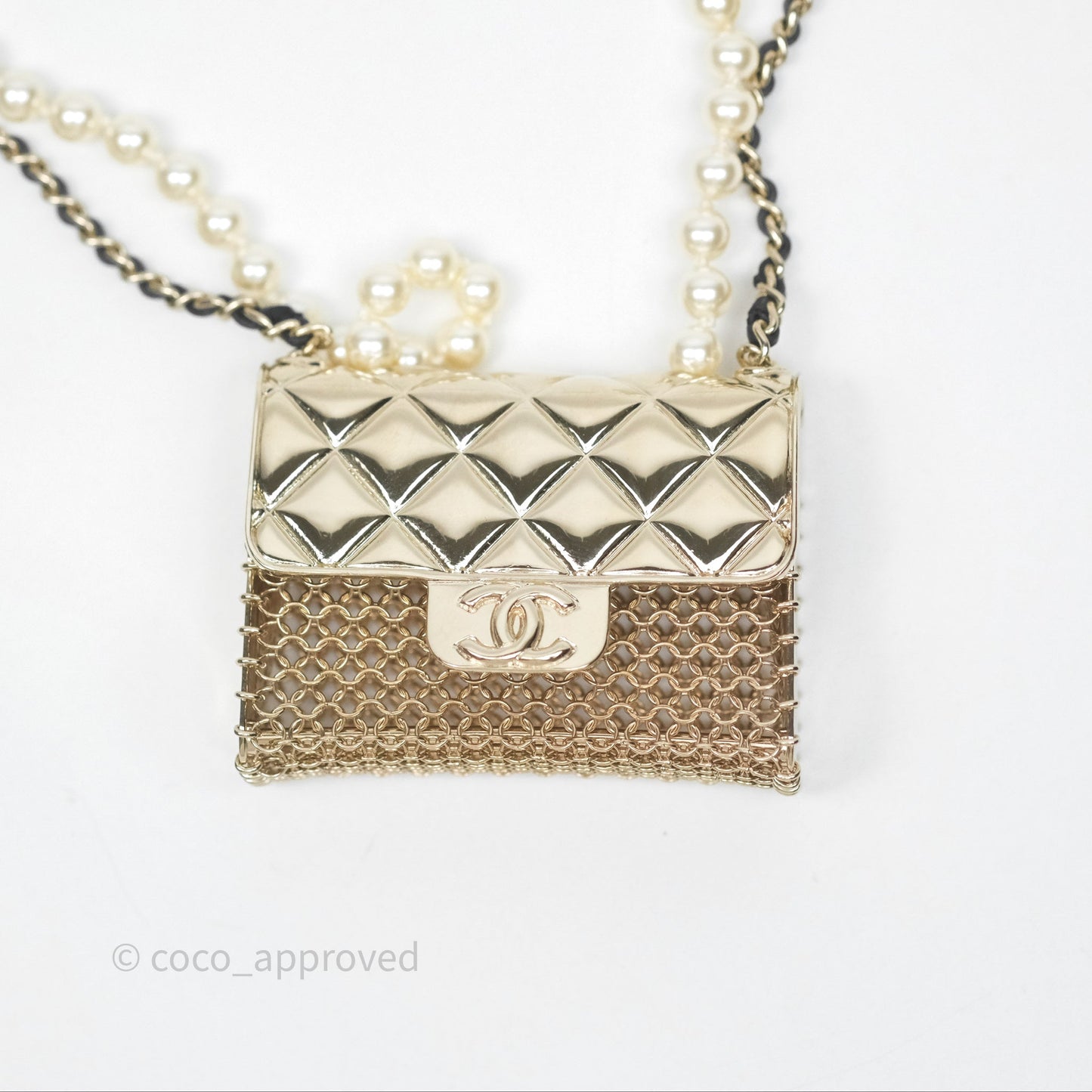 Chanel Flap Bag Charm Pearl Chain Black Leather Long Necklace Gold Tone 21S