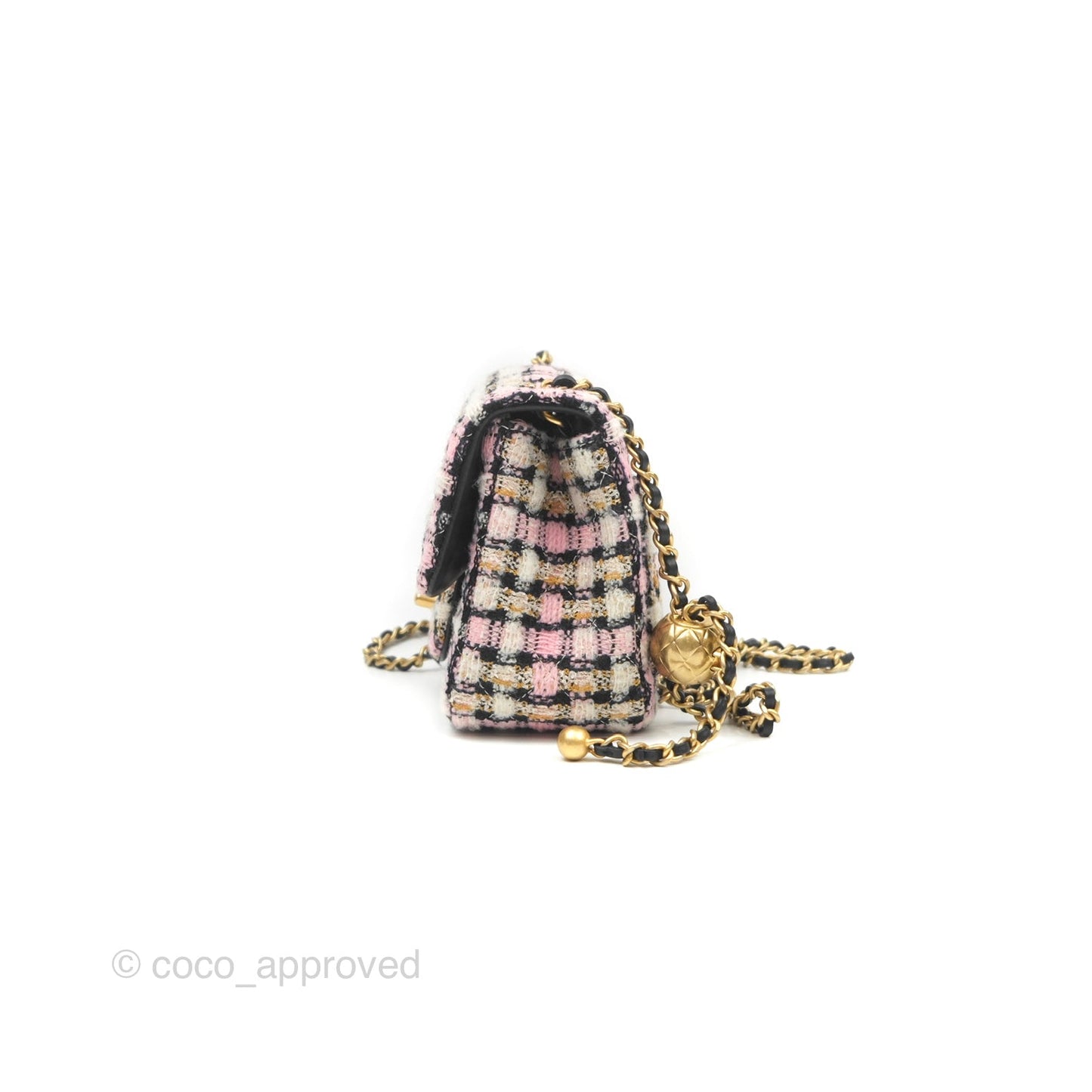Chanel Pearl Crush Mini Square Quilted Pink Tweed Aged Gold Hardware