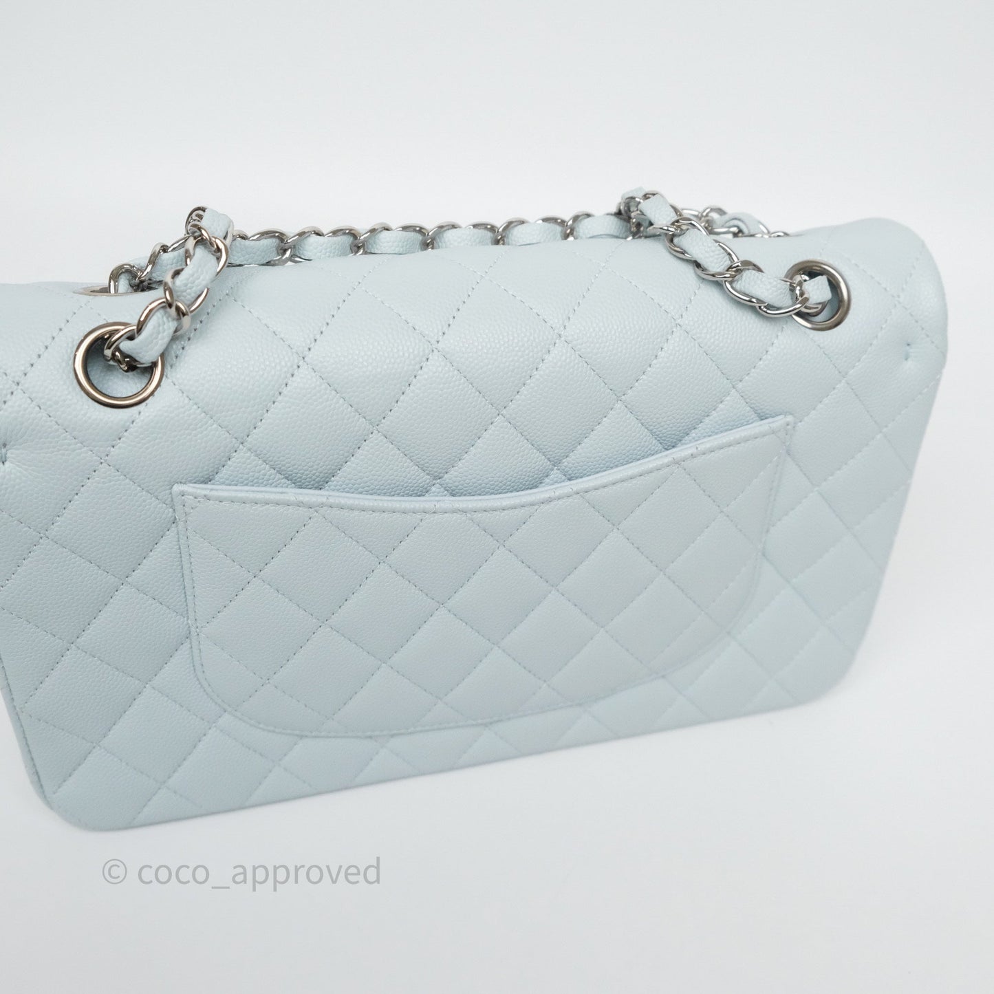 Chanel Classic M/L Medium Flap Quilted Light Blue Caviar Silver Hardware 21K