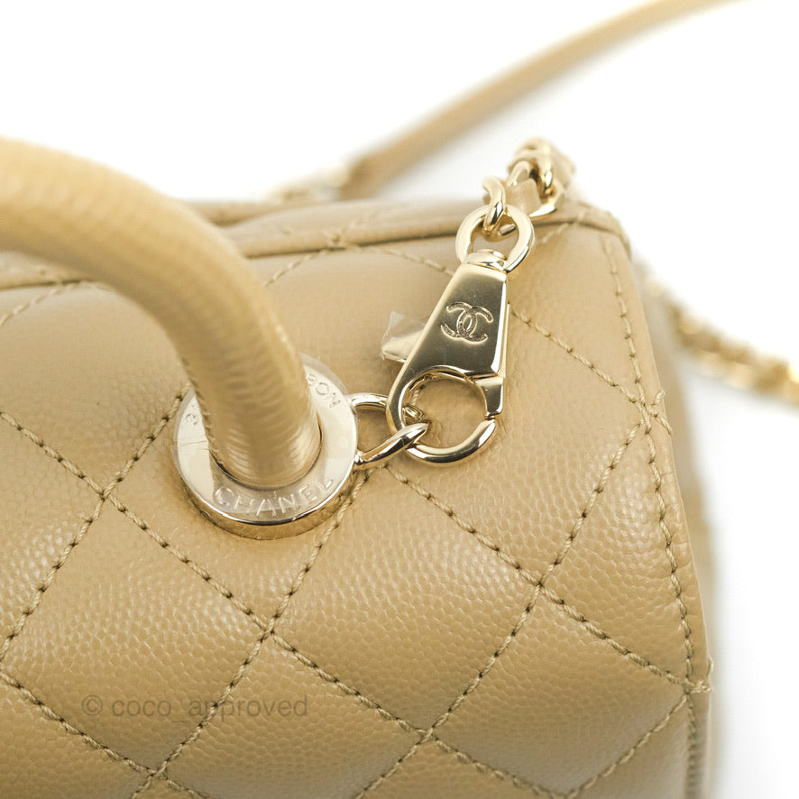 Chanel Small Coco Handle Quilted Dark Beige Caviar Gold Hardware Lizard Handle