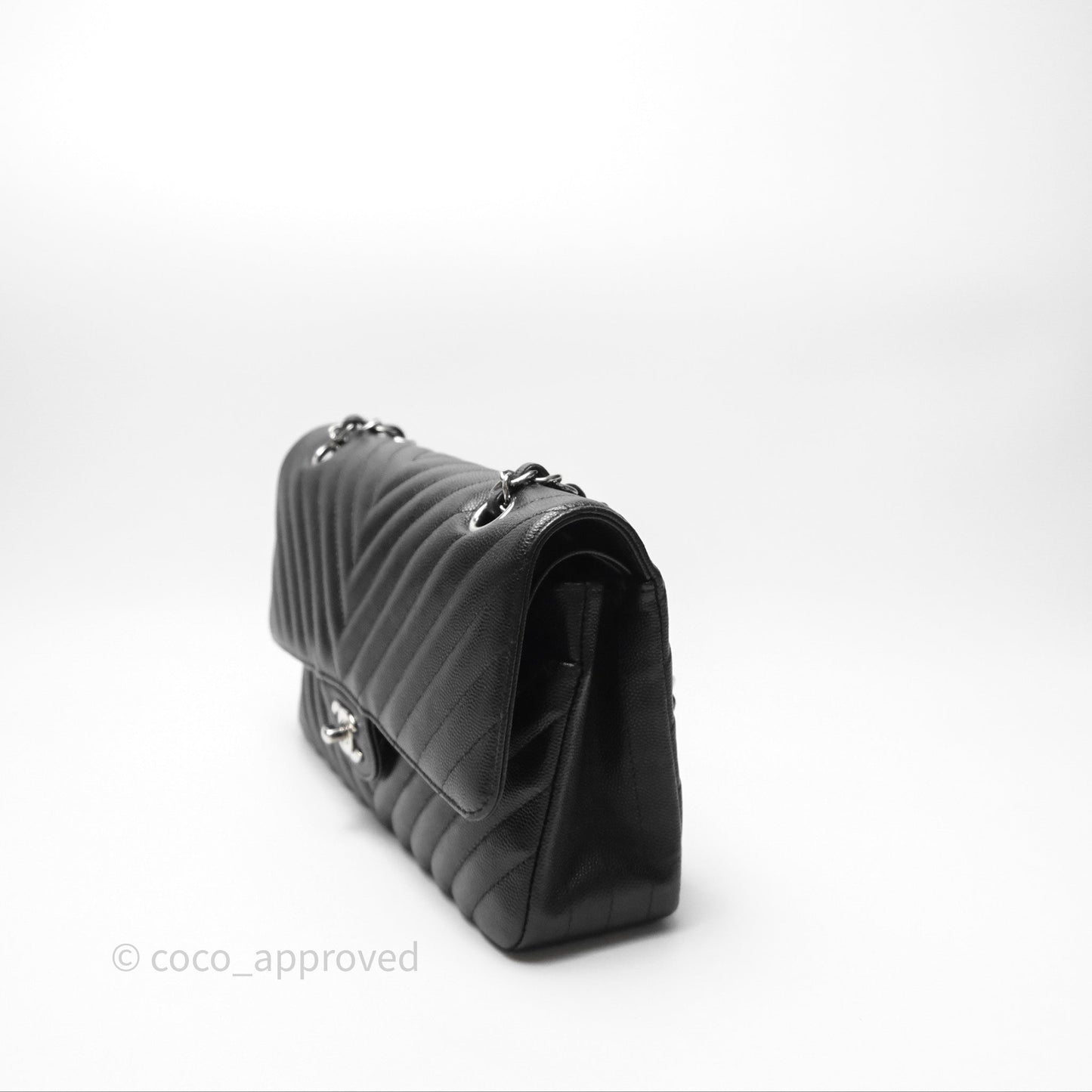 Chanel Classic M/L Medium Flap Chevron Black Caviar Silver Hardware