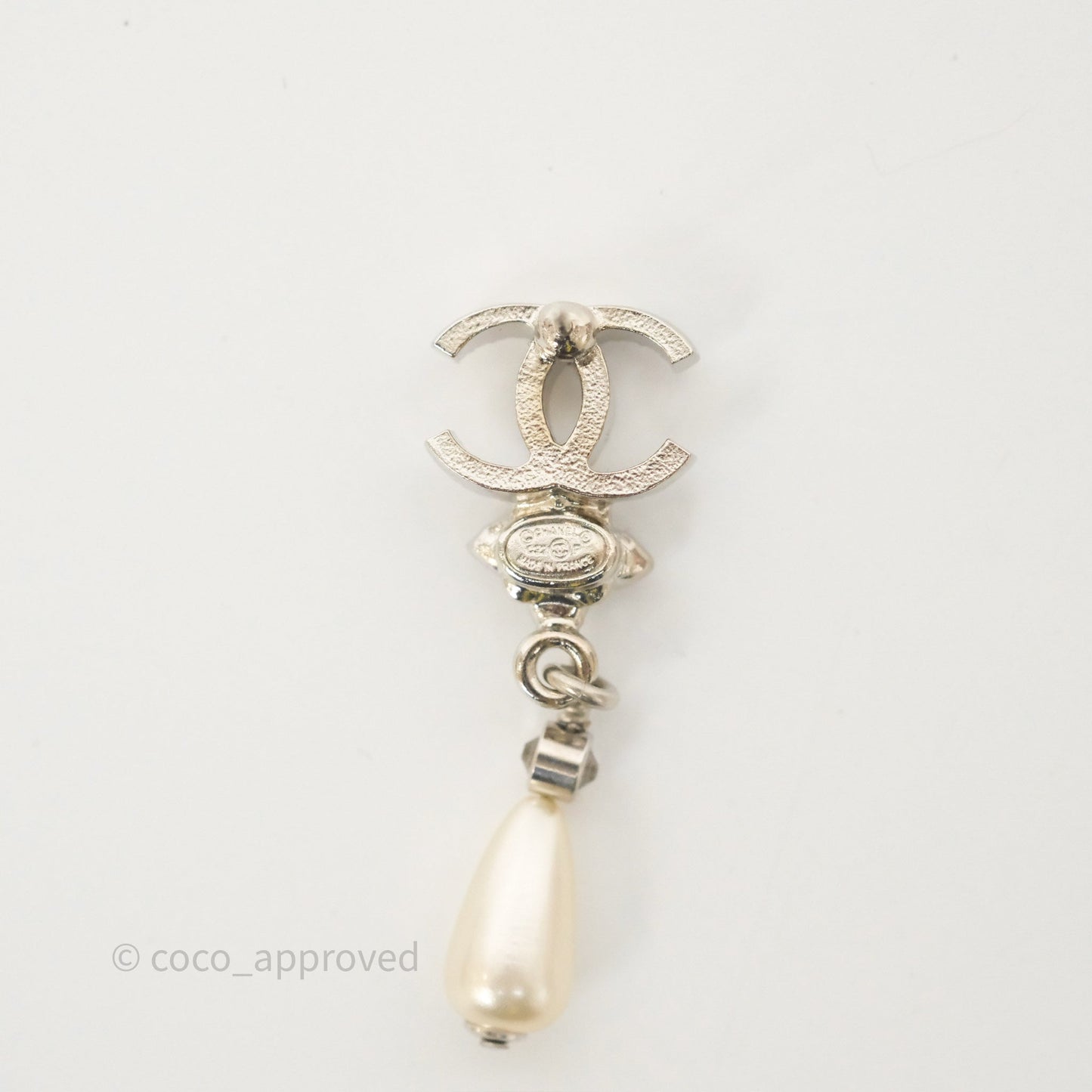 Chanel Crystals CC Tear Pearl Drop Earrings Silver Tone 22P