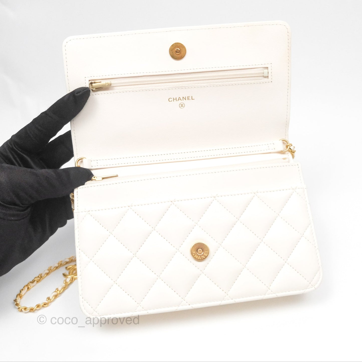 Chanel Quilted Wallet on Chain WOC Coco Heart Chain White Lambskin Aged Gold Hardware 22K