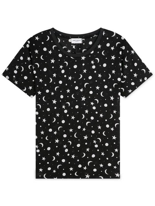 Luxury Saint Laurent Women's Star Print Cotton Short Sleeve T-Shirt Black