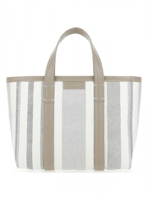 Luxury Balenciaga Barbes East West Raffia Striped Shopper Tote Bag Grey
