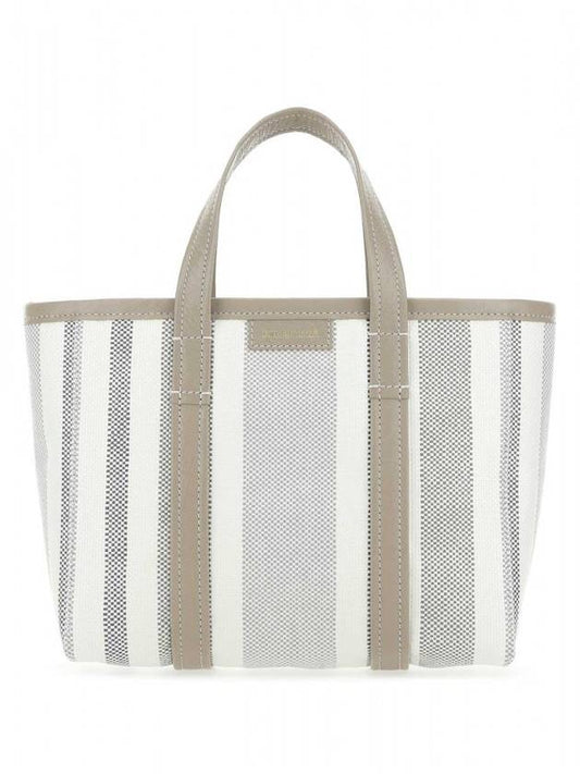 Luxury Balenciaga Barbes East West Raffia Striped Shopper Tote Bag Grey