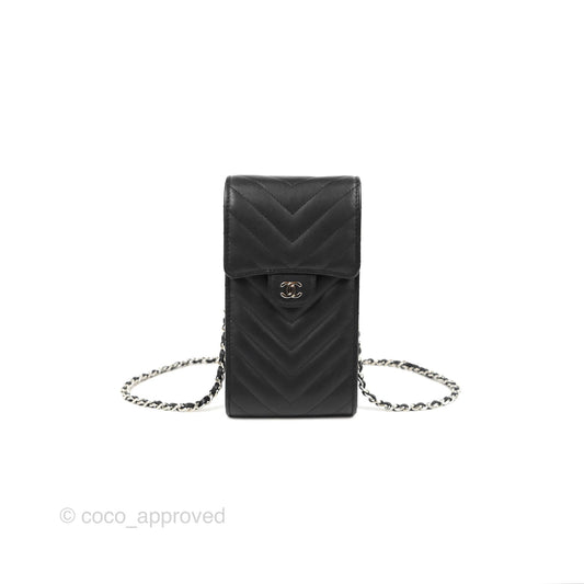 Chanel Classic Chevron Phone Holder Black Calfskin Silver Hardware