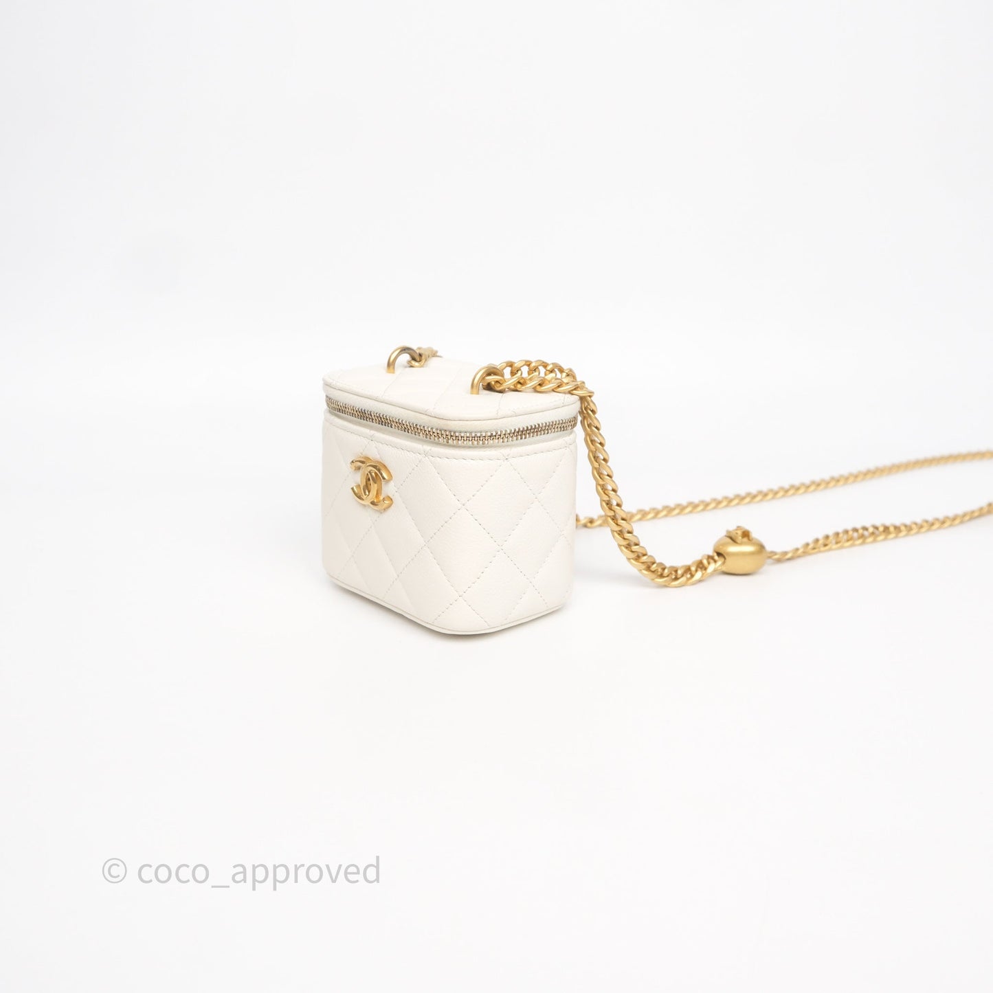 Chanel Heart Crush Mini Vanity With Chain White Caviar Aged Gold Hardware