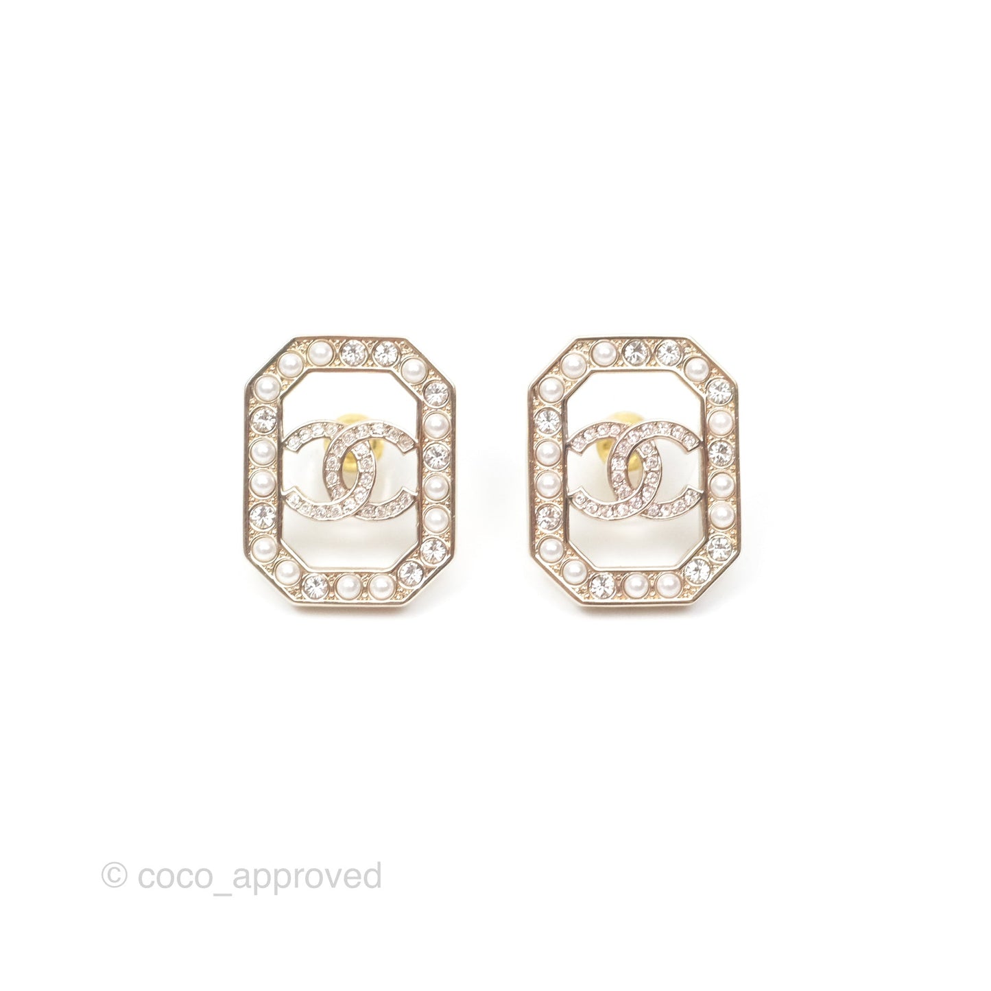 Chanel Crystal Pearl CC Square Earrings Gold Tone 23B