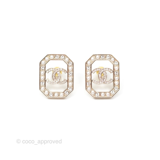 Chanel Crystal Pearl CC Square Earrings Gold Tone 23B
