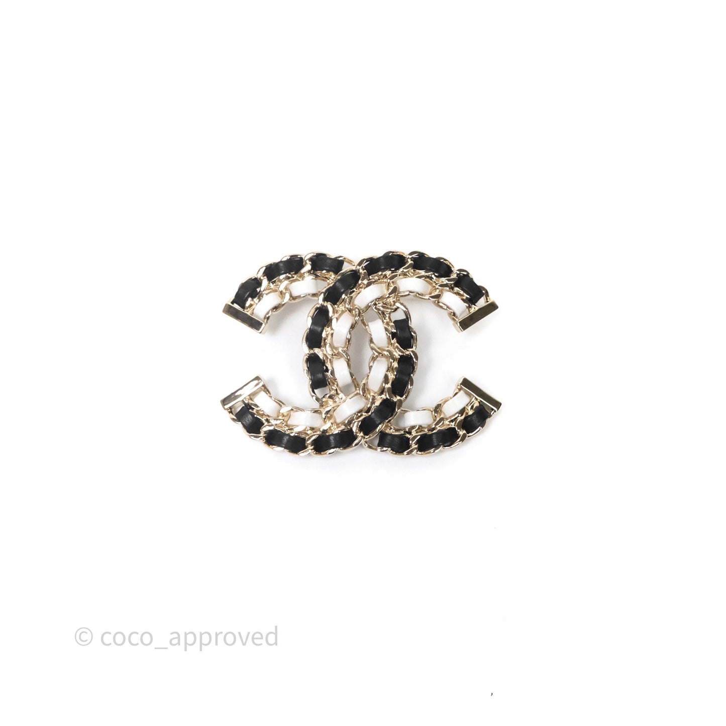 Chanel CC Braided Leather Black & White Brooch Gold Tone 22A