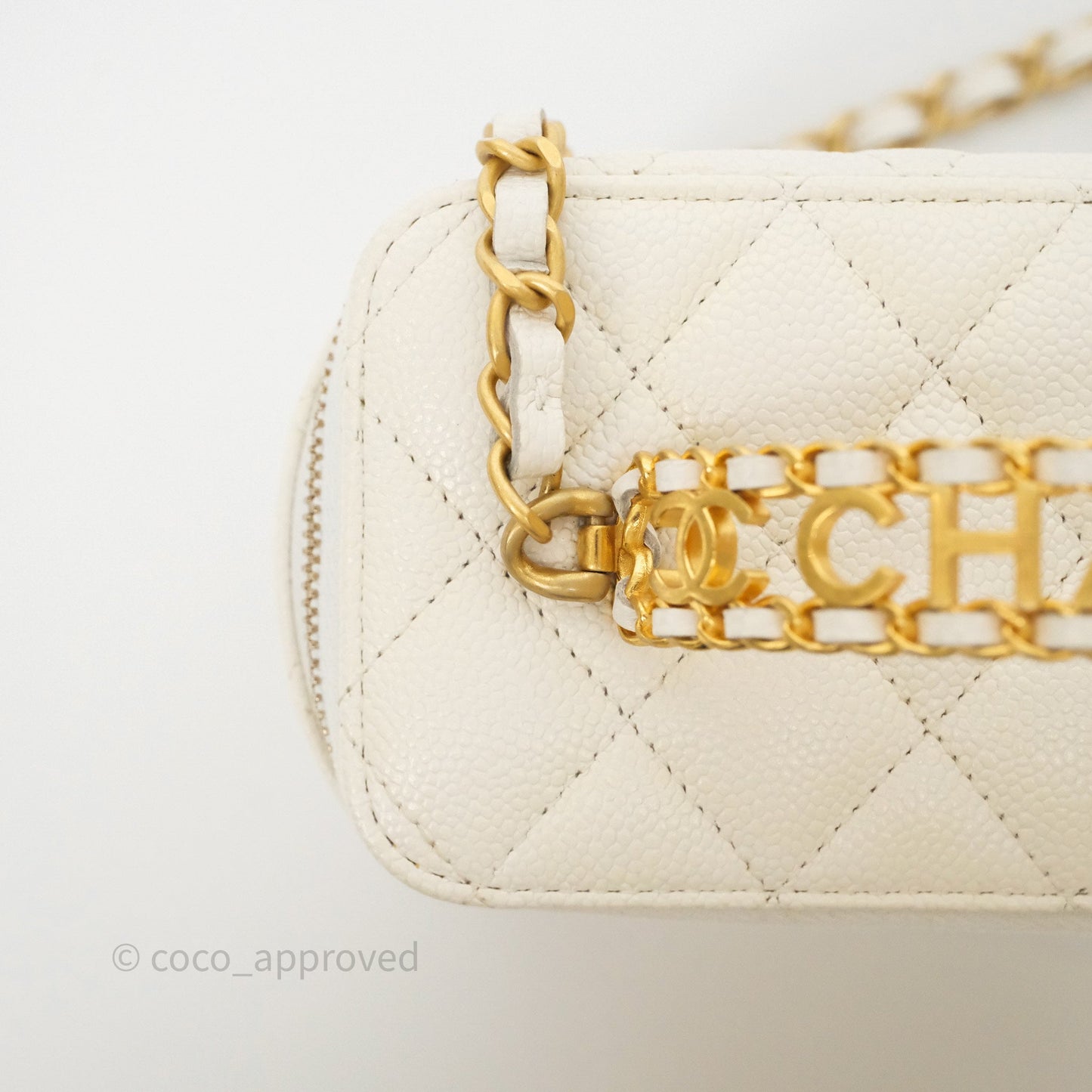 Chanel Logo Top Handle Vanity Rectangular White Caviar Aged Gold Hardware