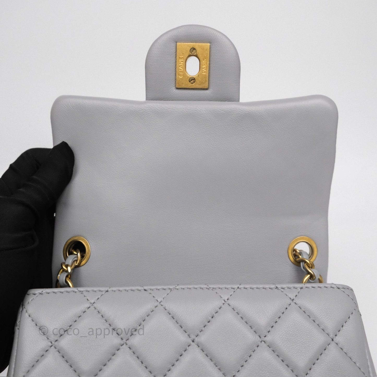 Chanel Pearl Crush Mini Square Quilted Grey Lambskin Aged Gold Hardware