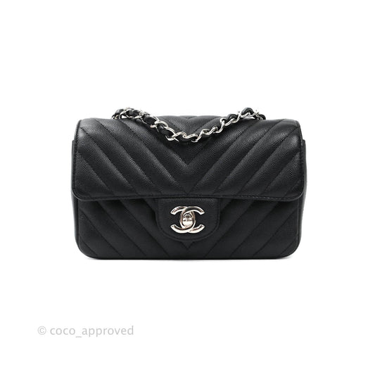 Chanel Mini Rectangular Chevron Caviar Black Silver Hardware