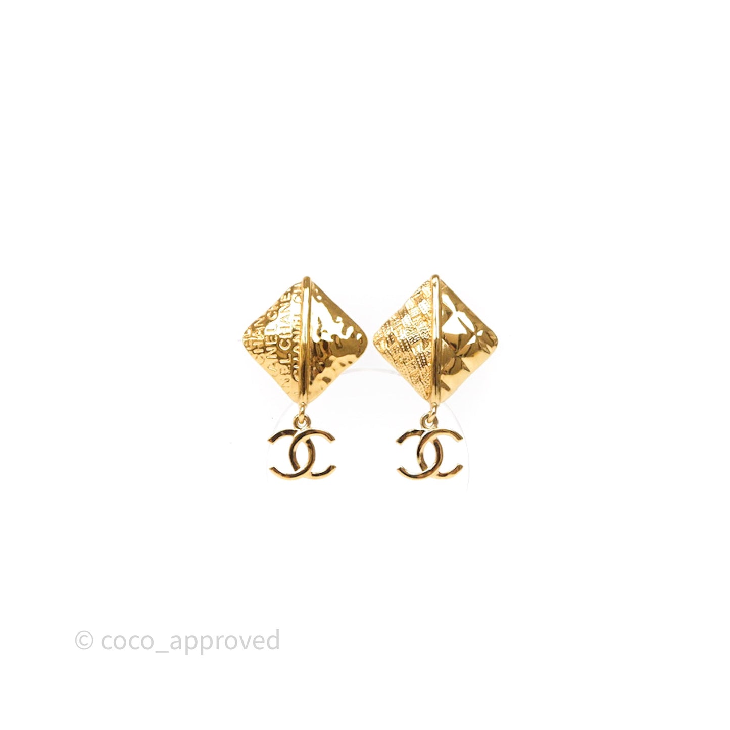 Chanel Square Drop CC Earrings Gold Tone 24K