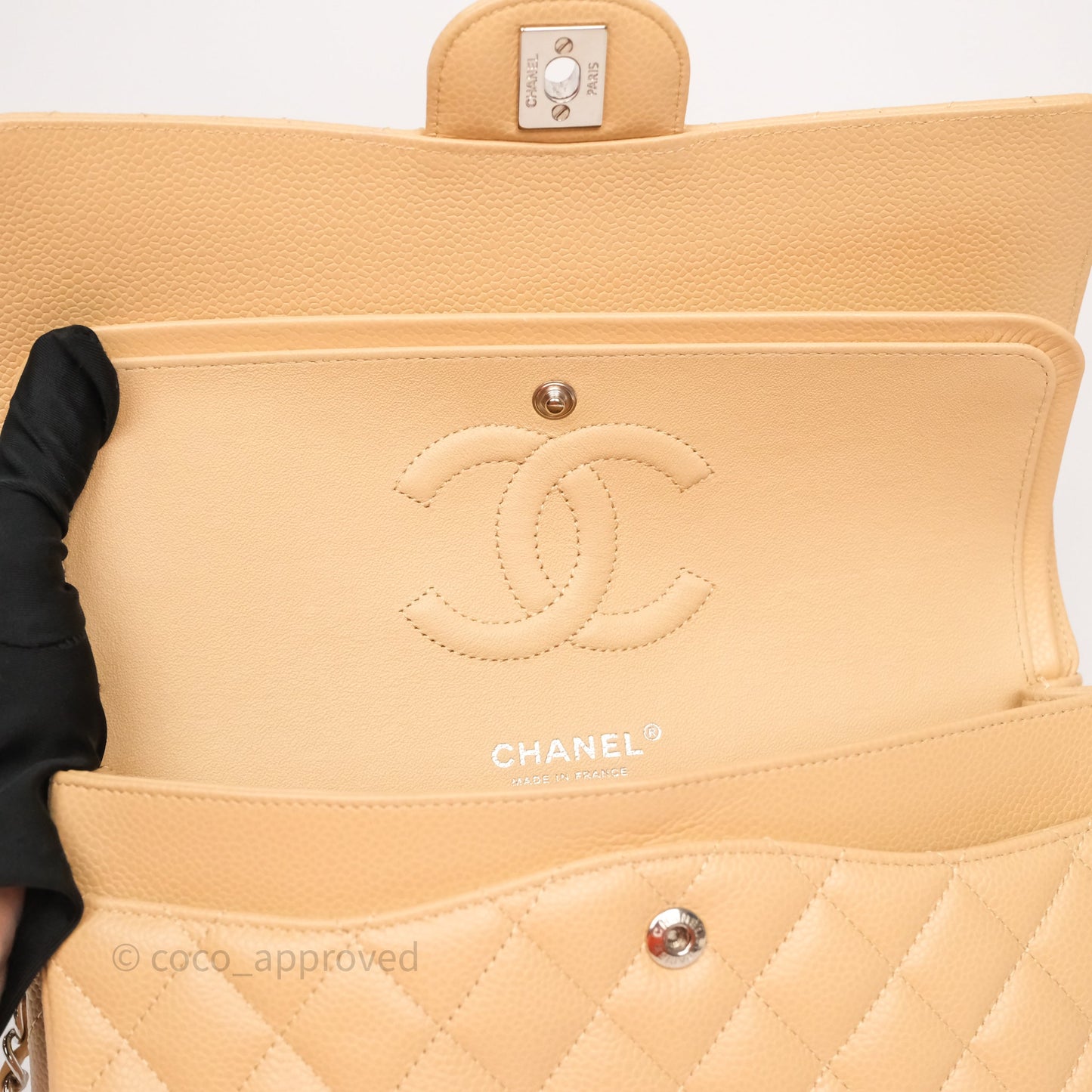 Chanel Classic M/L Medium Flap Quilted Beige Caviar Silver Hardware
