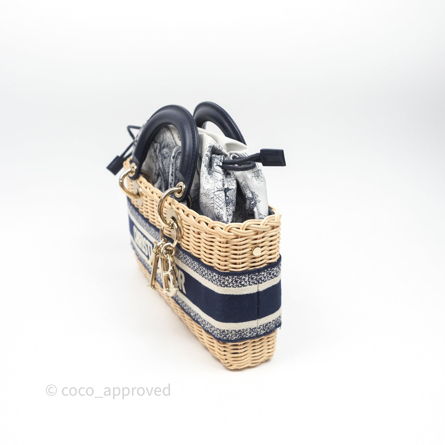 Christian Dior Dioriviera Medium Lady D-Joy Bag Natural Rattan and Blue Dior Oblique Jacquard