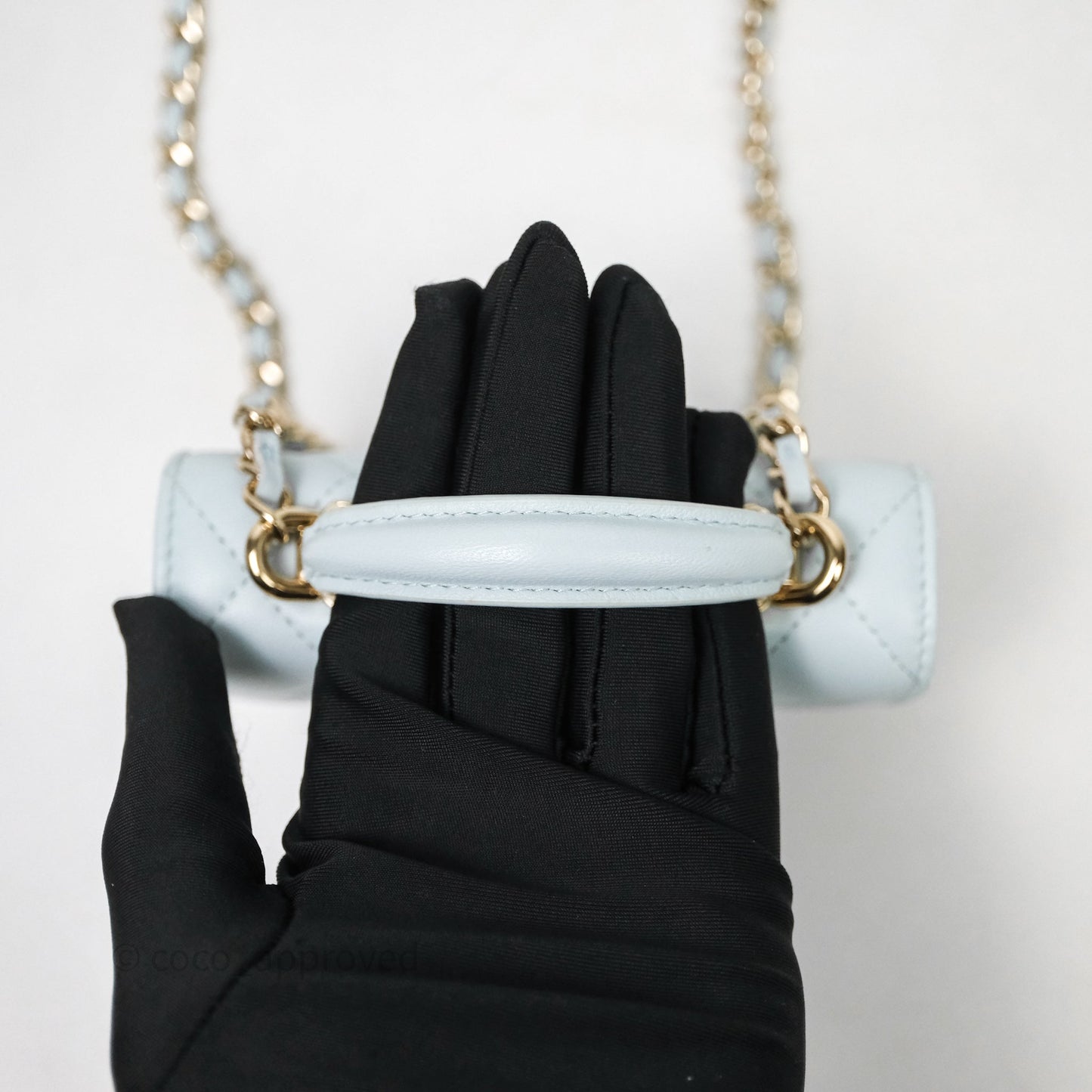 Chanel Mini Handle Flap Coin Purse With Chain Light Blue Lambskin Gold Hardware