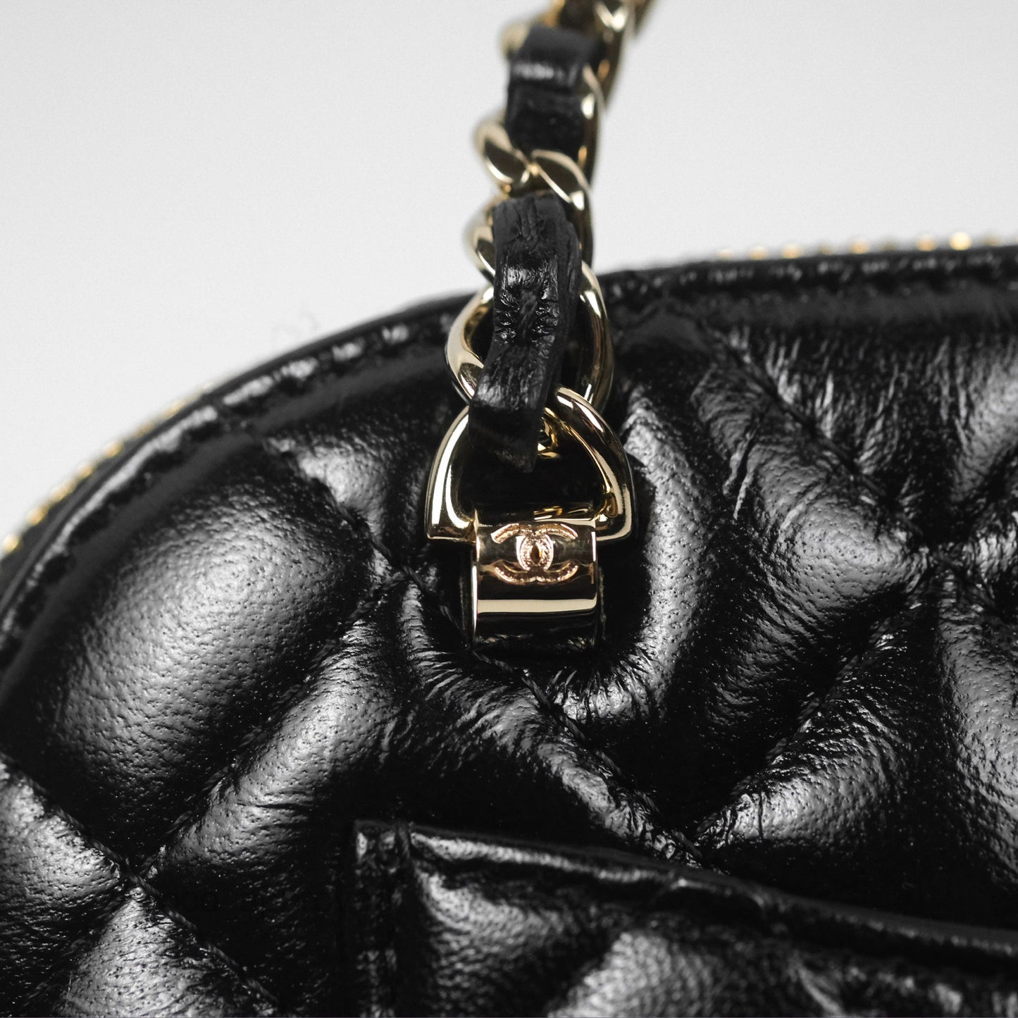 Chanel Mini Handle Clutch with Chain Black Shiny Lambskin Gold Hardware