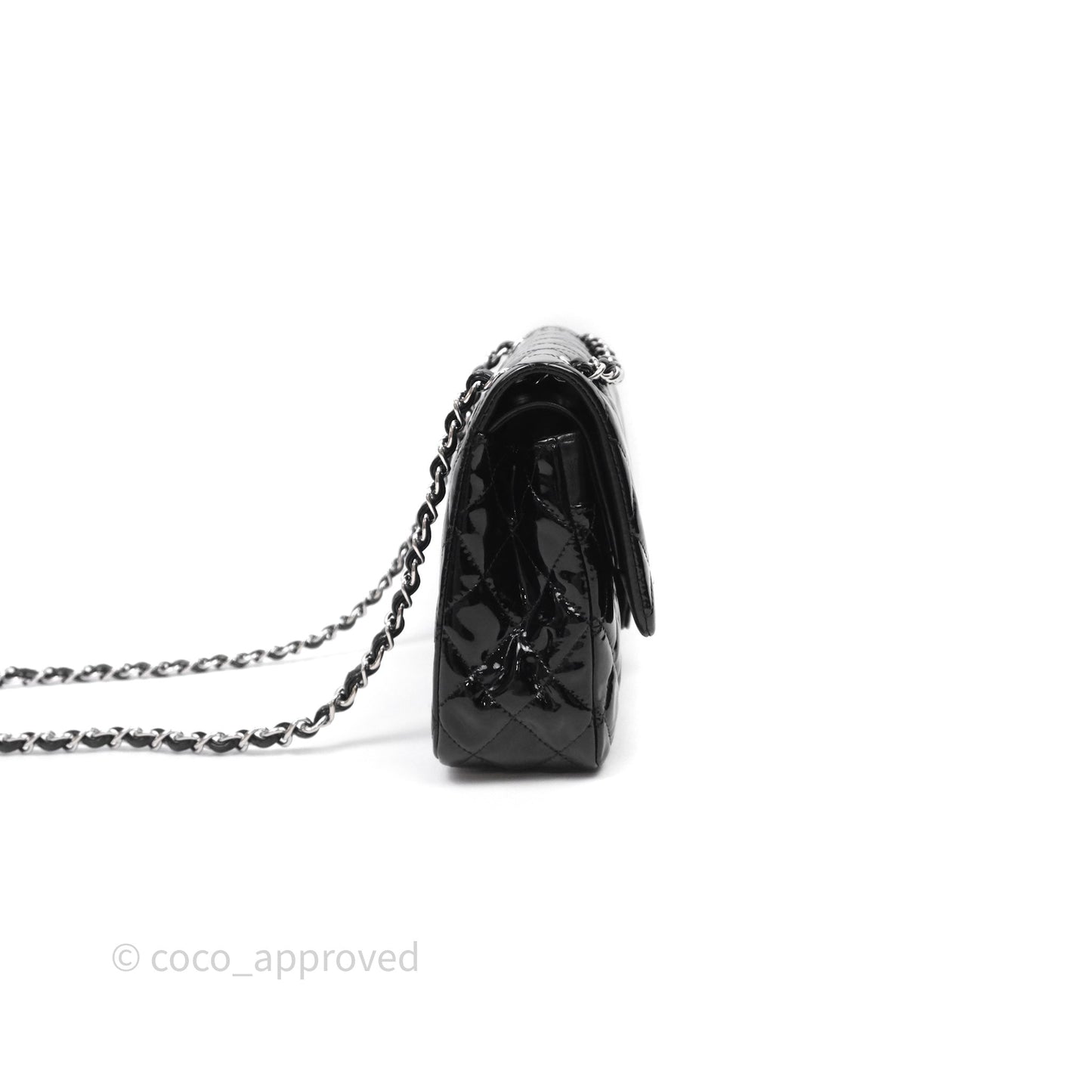 Chanel Medium Classic Flap Quilted Black Patent Silver Hardware