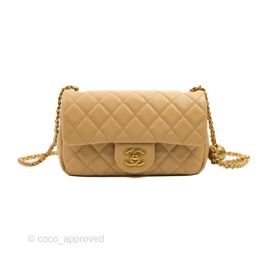 Chanel Mini Rectangular Pearl Crush Beige Lambskin Aged Gold Hardware