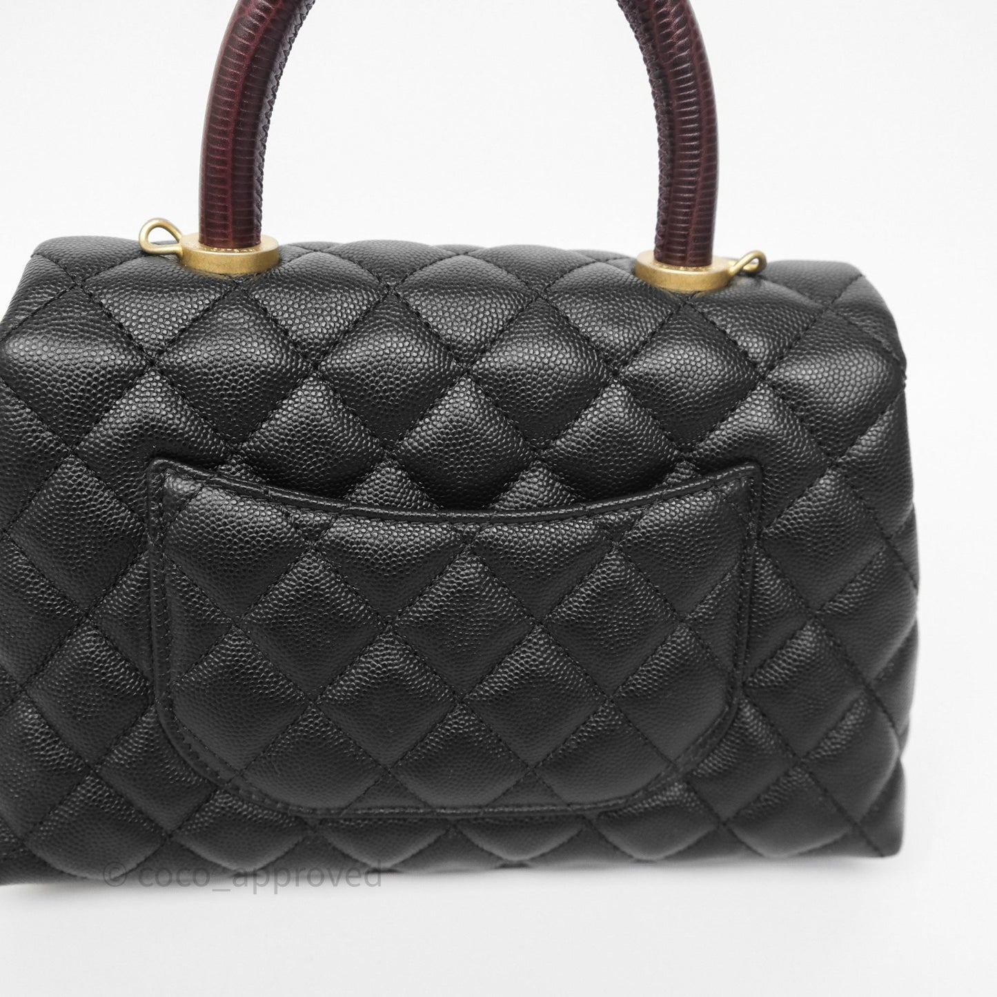 Chanel Small Coco Handle Quilted Black Caviar Aged Gold Hardware Lizard Handle