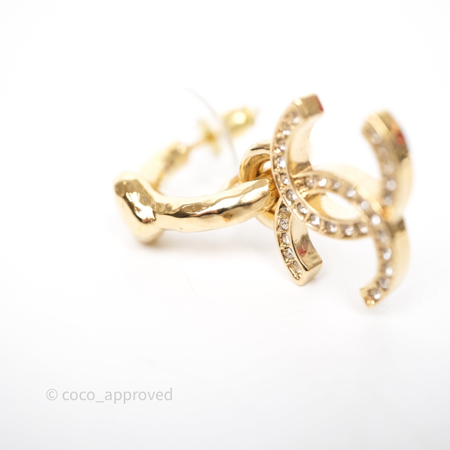 Chanel Heart Crystal CC Drop Hoop Earrings Gold Tone 23P