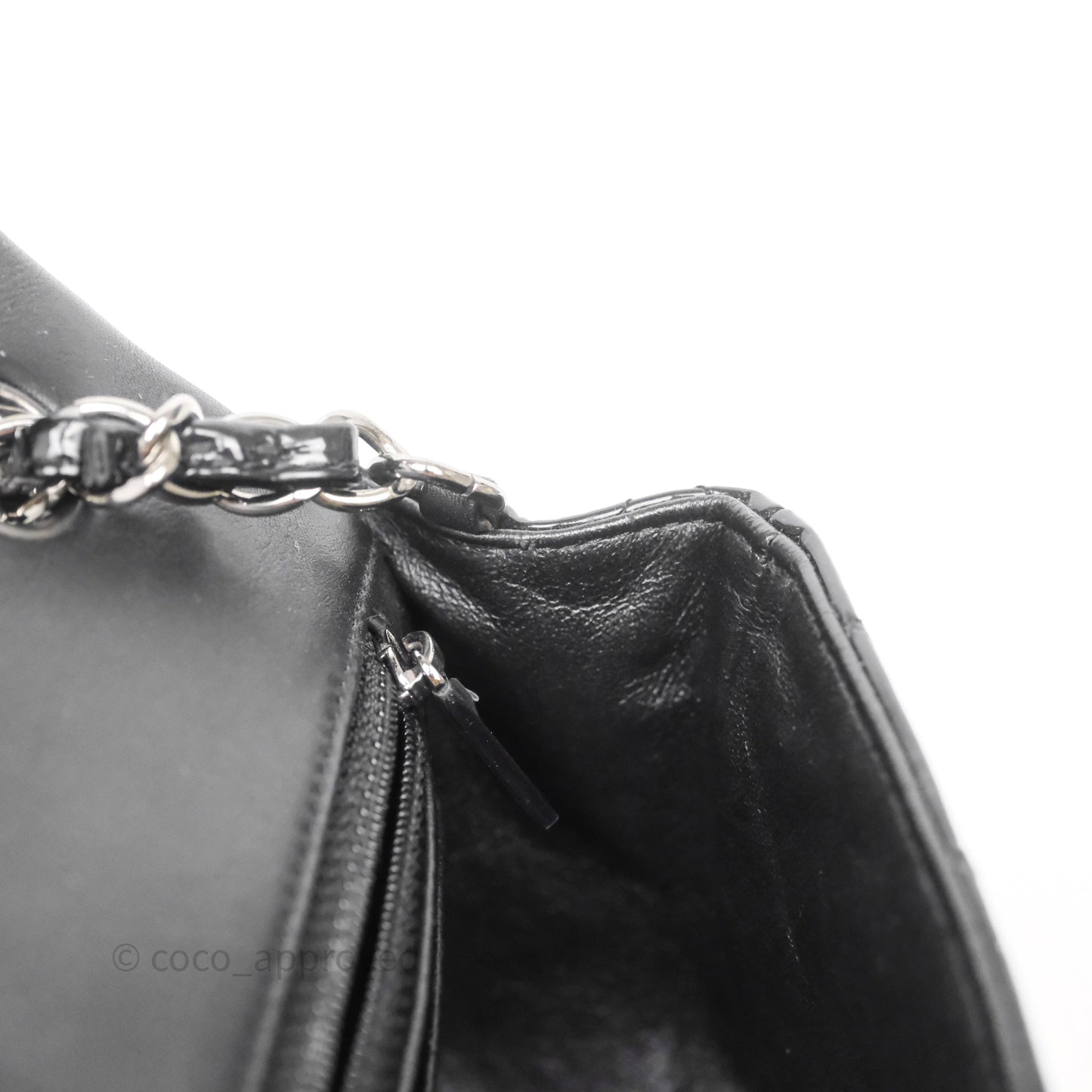 Chanel Quilted Mini Rectangular Flap Black Patent Silver Hardware