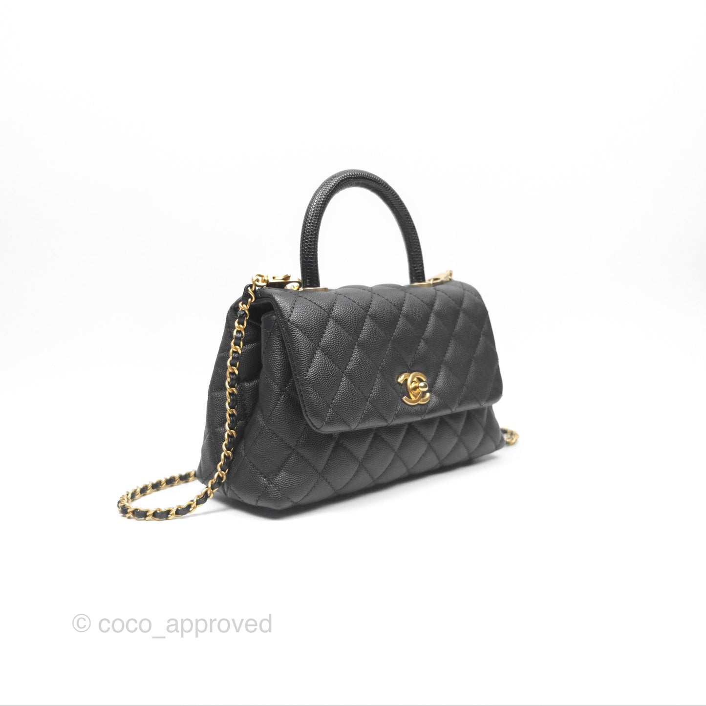 Chanel Small Coco Handle Quilted Black Caviar Aged Gold Hardware Lizard Handle