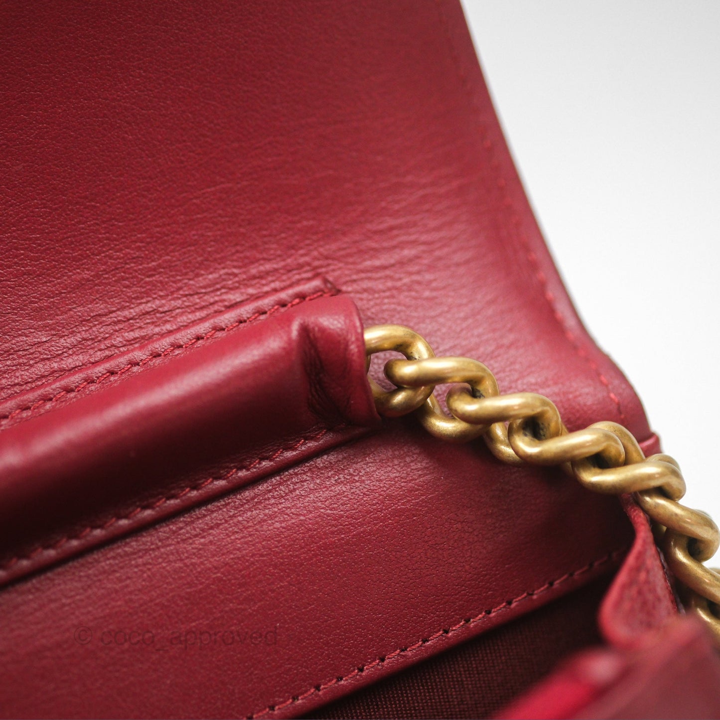 Chanel Quilted Boy Wallet on Chain WOC Red Caviar Aged Gold Hardware
