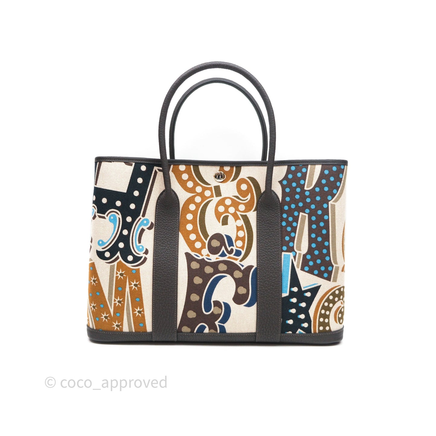 Hermès Garden Party 36 Printed H Plume Canvas/ Negonda Caramel 28/ Ecru-beige 14/ Ebene 46