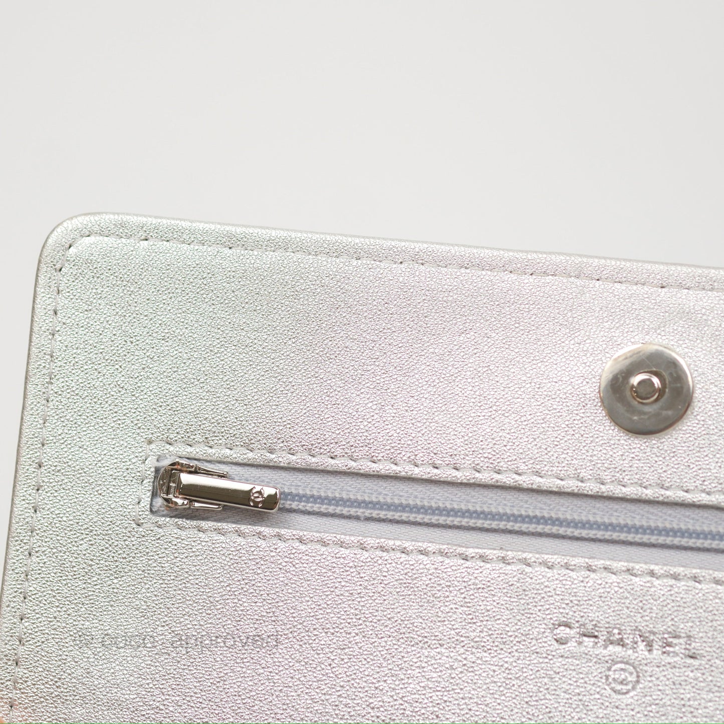 Chanel Quilted Wallet on Chain WOC Iridescent Silver Grained Lambskin Silver Hardware
