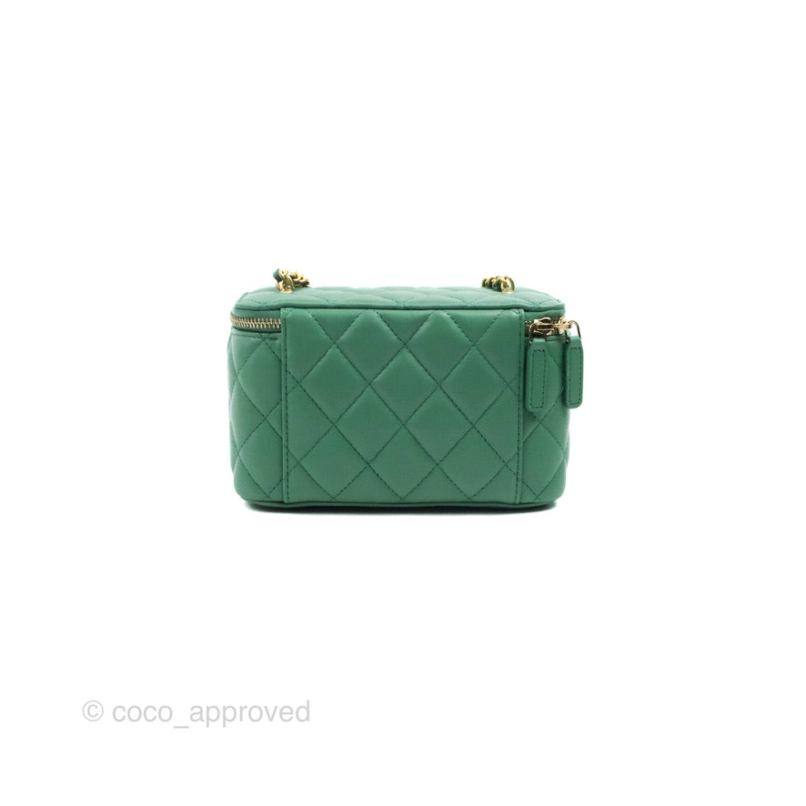 Chanel Vanity with Pearl Crush Chain Green Lambskin Aged Gold Hardware