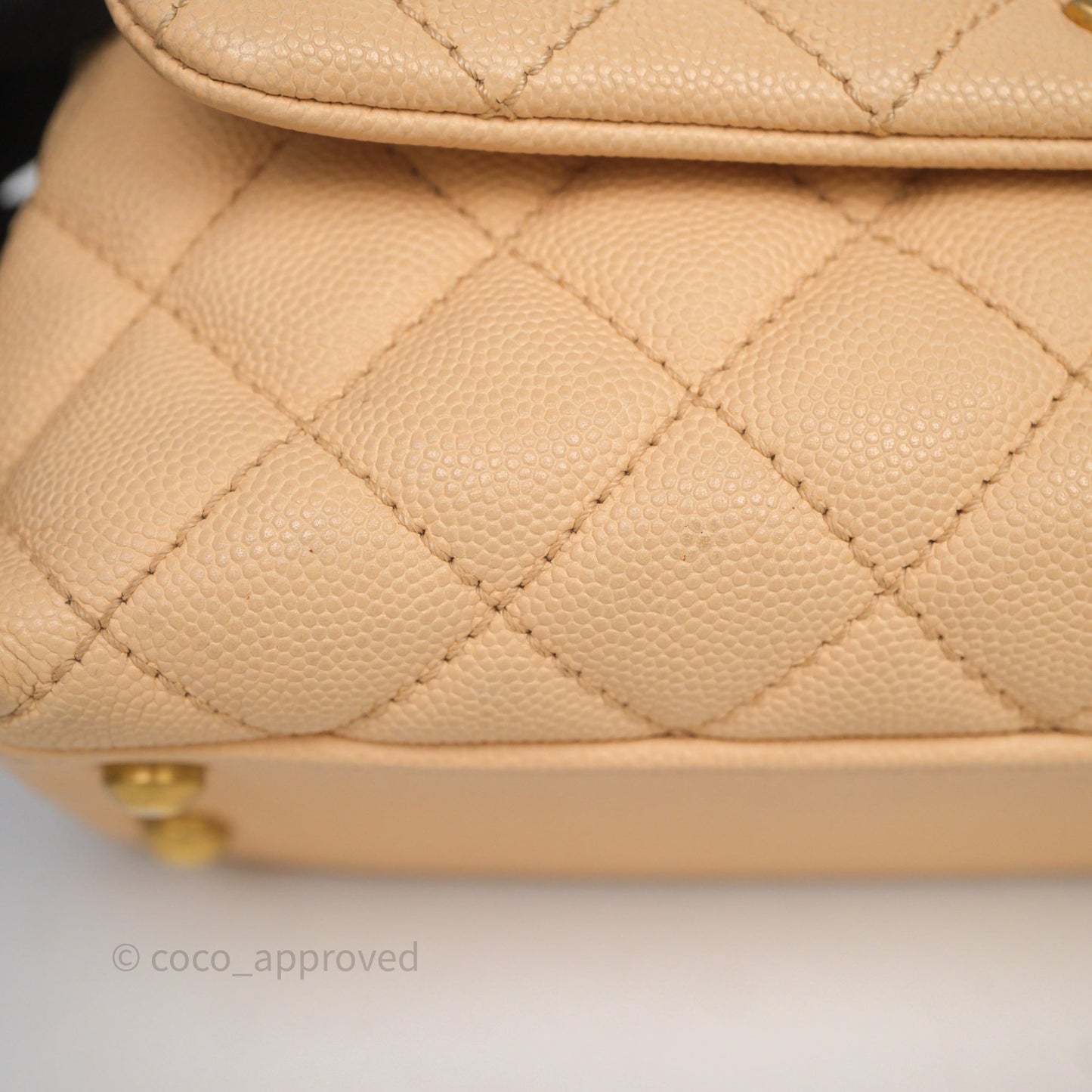 Chanel Small Coco Handle Quilted Beige Caviar Aged Gold Hardware