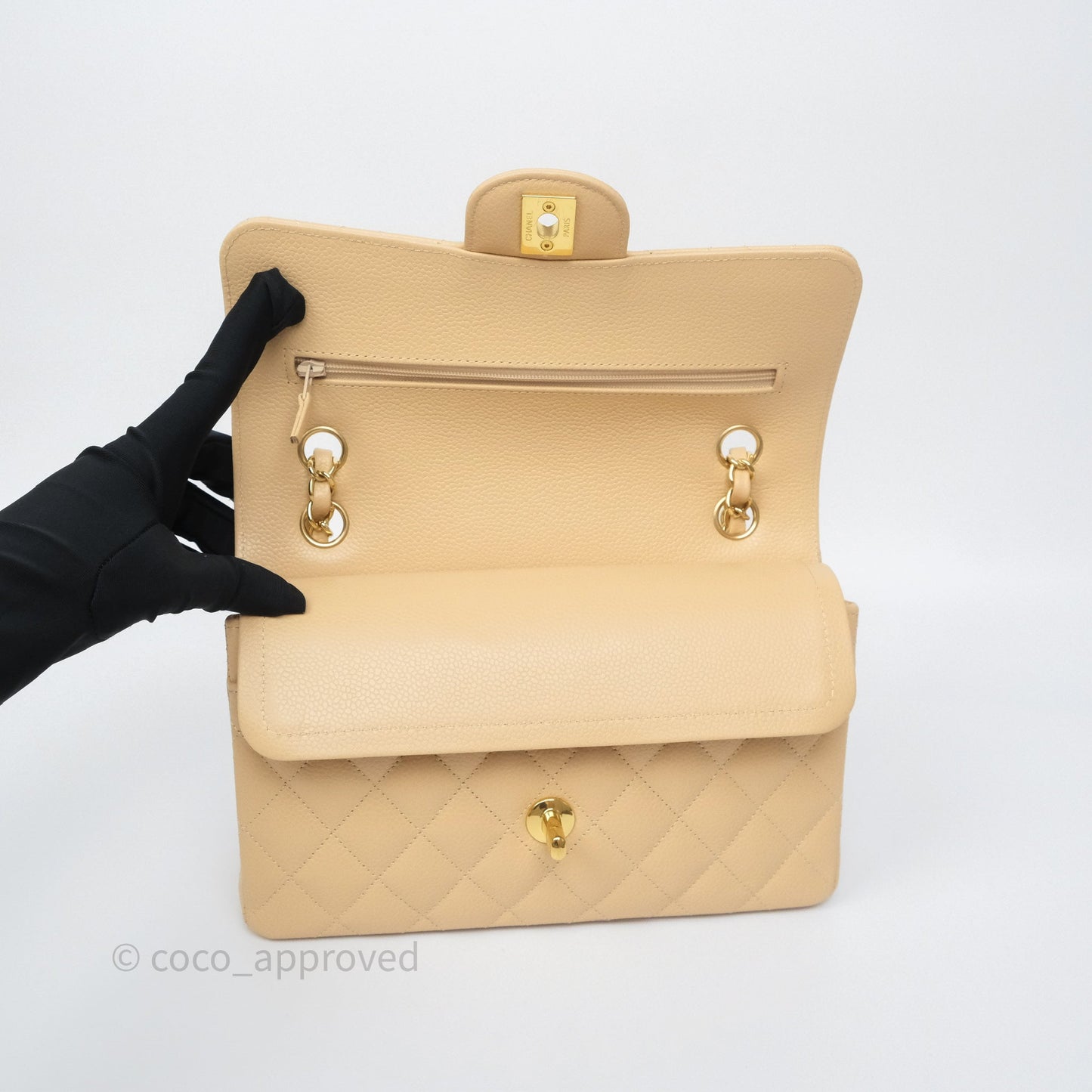 Chanel Small Classic Flap Quilted Beige Caviar Gold Hardware