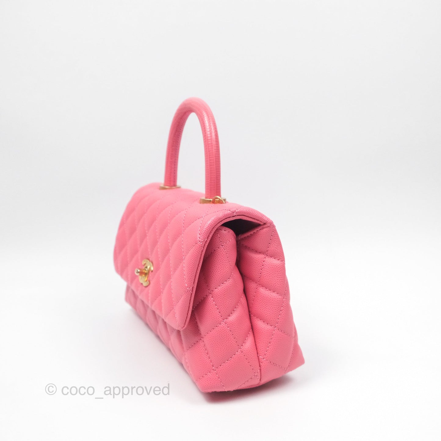 Chanel Small Coco Handle Quilted Pink Caviar Aged Gold Hardware Lizard Handle
