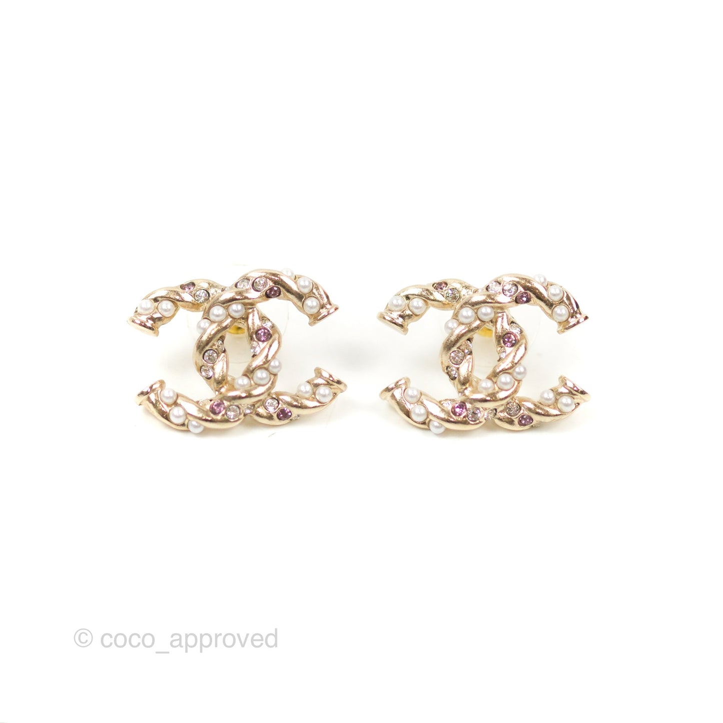 Chanel CC Pearl Crystal Twist Earrings Gold Tone 23B