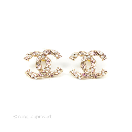 Chanel CC Pearl Crystal Twist Earrings Gold Tone 23B
