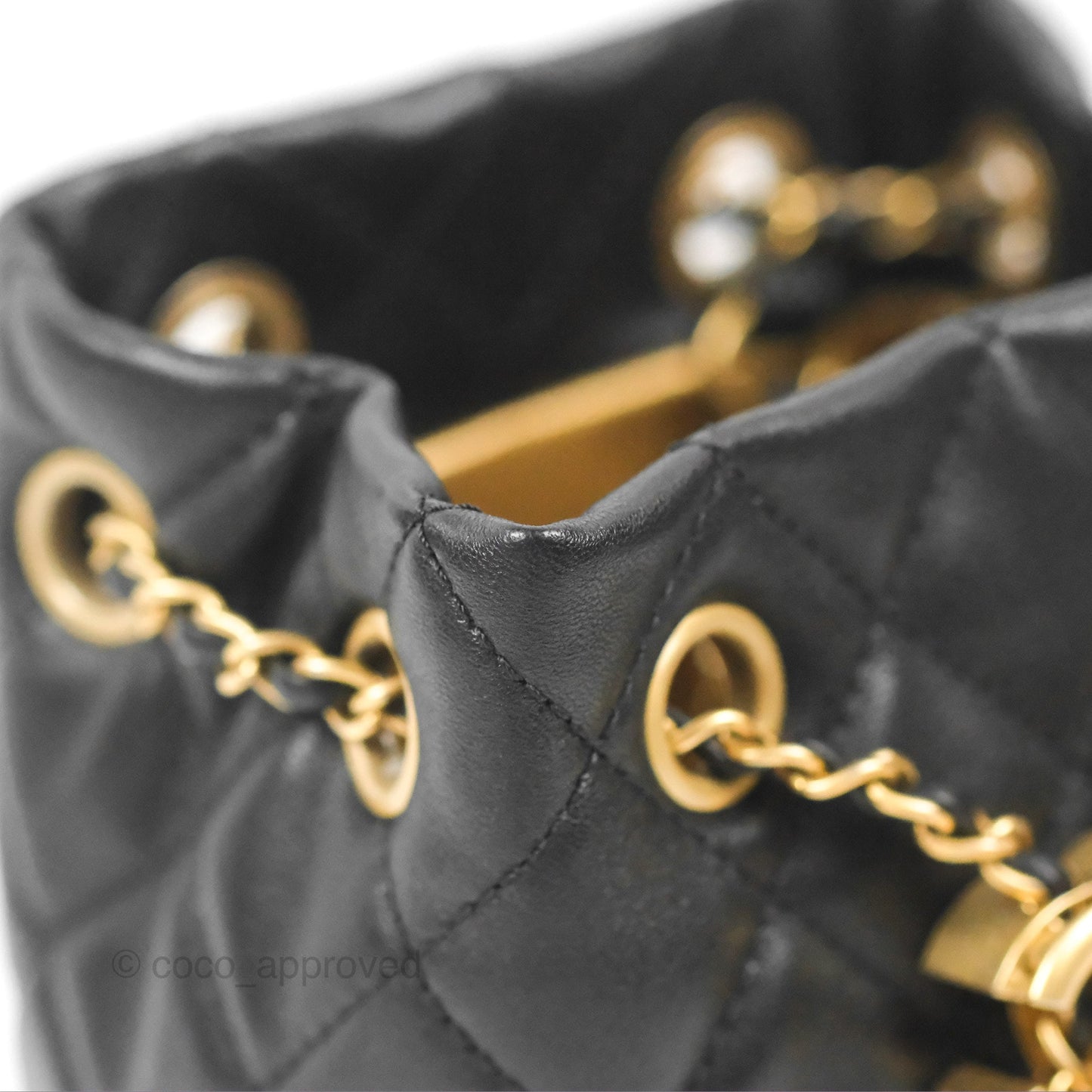 Chanel Pearl Crush Bucket Bag Black Lambskin Aged Gold Hardware