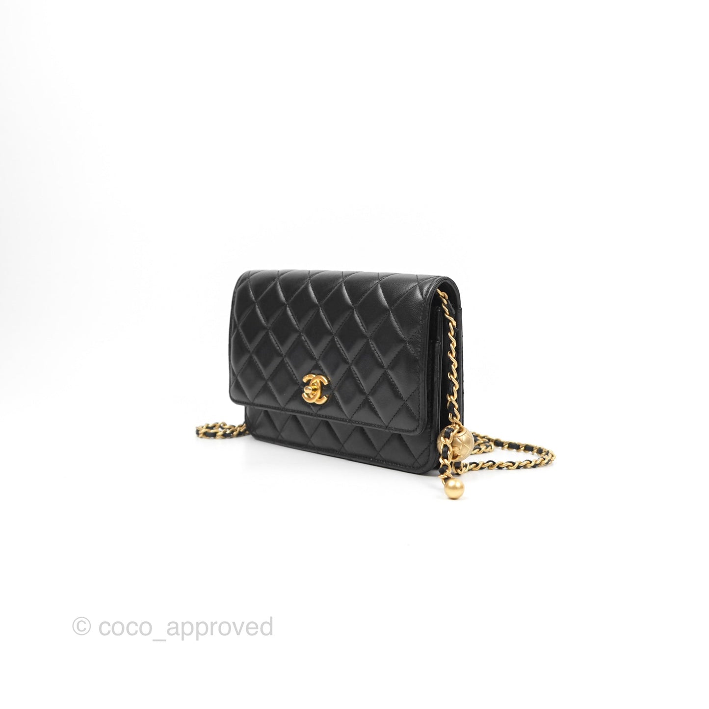Chanel Quilted Pearl Crush Wallet on Chain WOC Black Lambskin Aged Gold Hardware