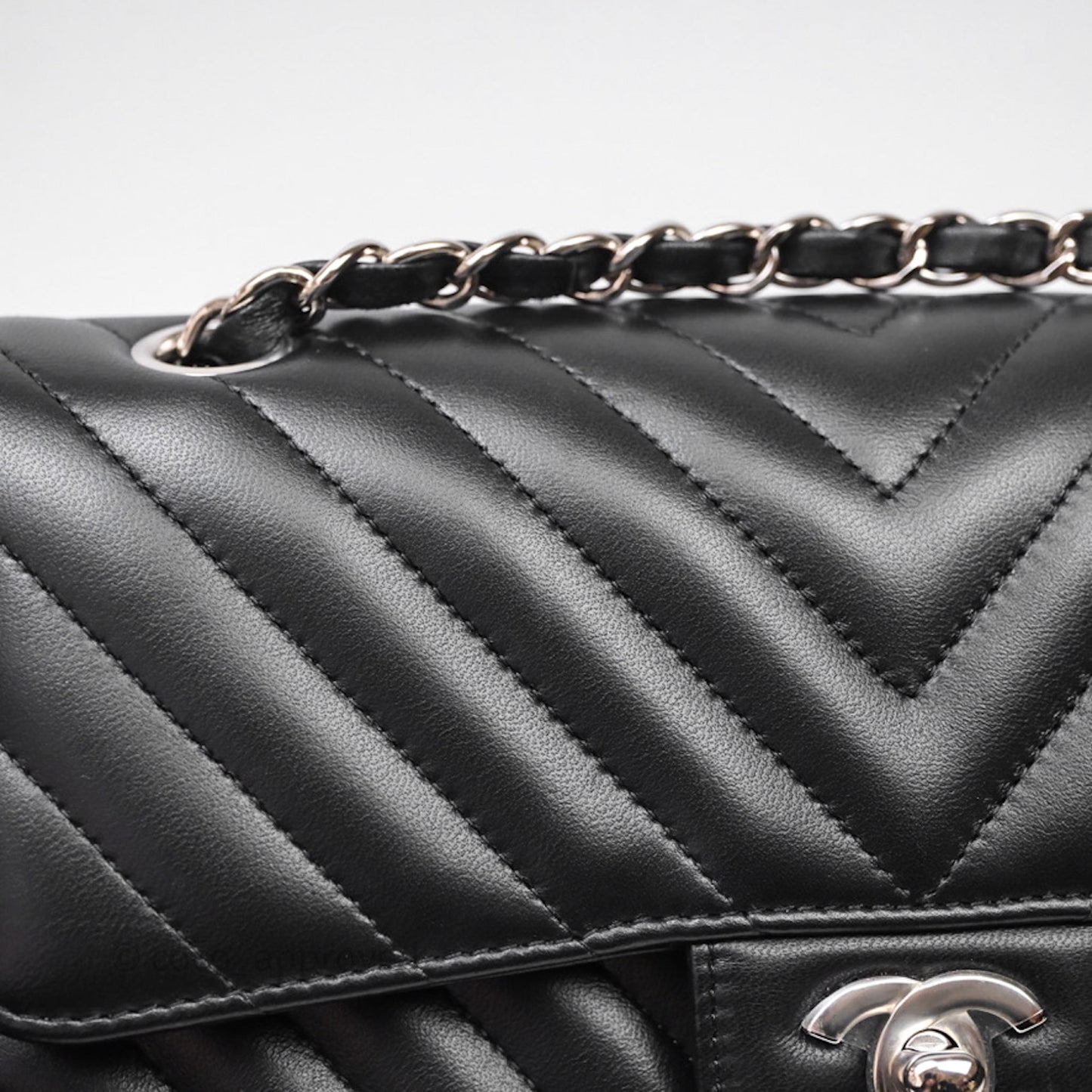 Chanel Small Classic Chevron Flap Black Lambskin Silver Hardware