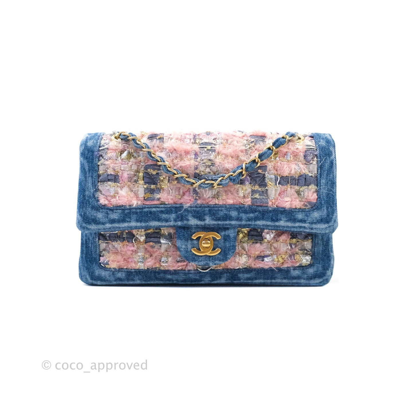 Chanel Quilted M/L Medium Double Flap Tweed Washed Denim Aged Gold Hardware