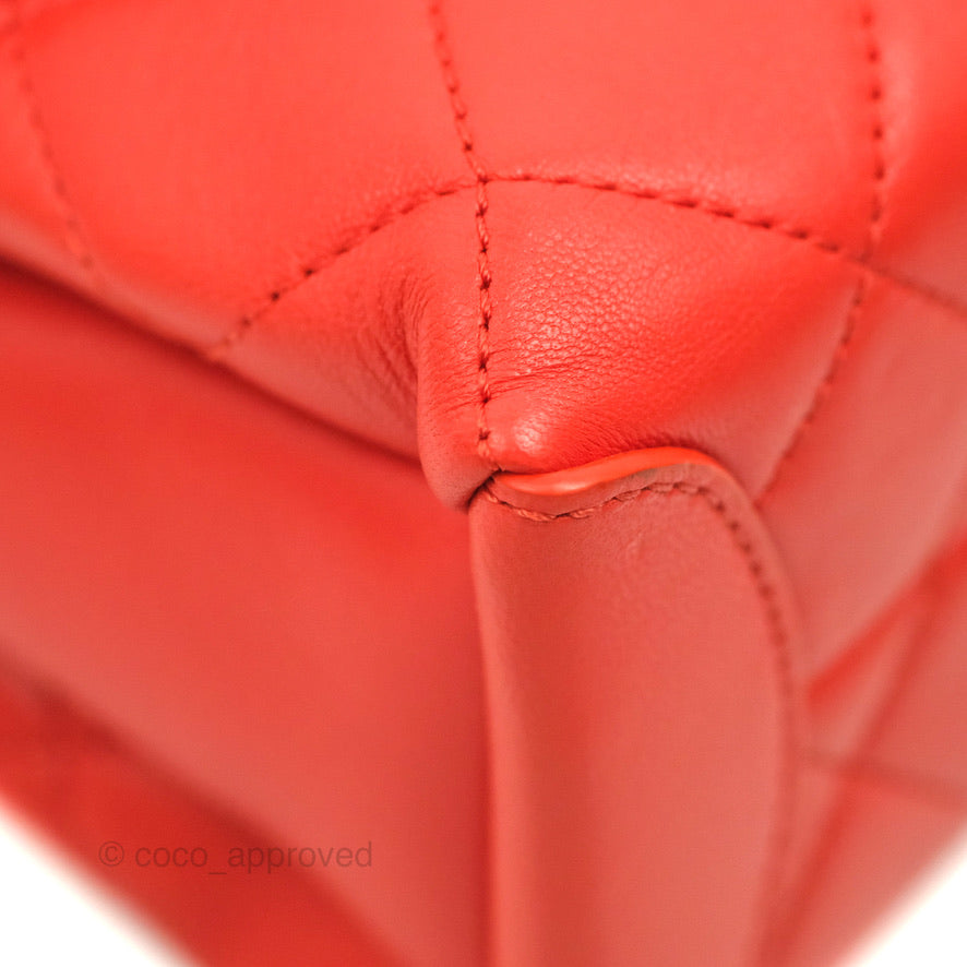 Chanel Top Handle Flap Bag Red Lambskin Aged Gold Hardware