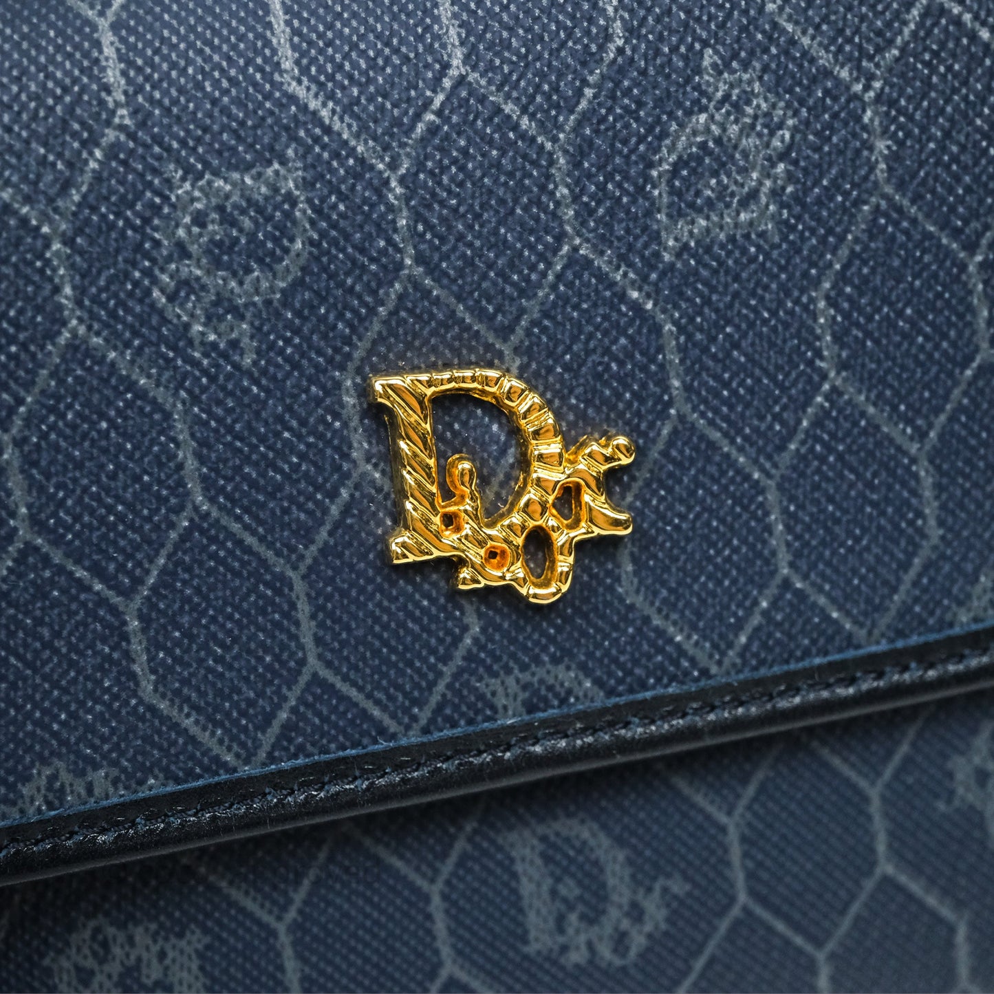 Christian Dior Vintage Honeycomb Flap Bag Navy Gold Hardware