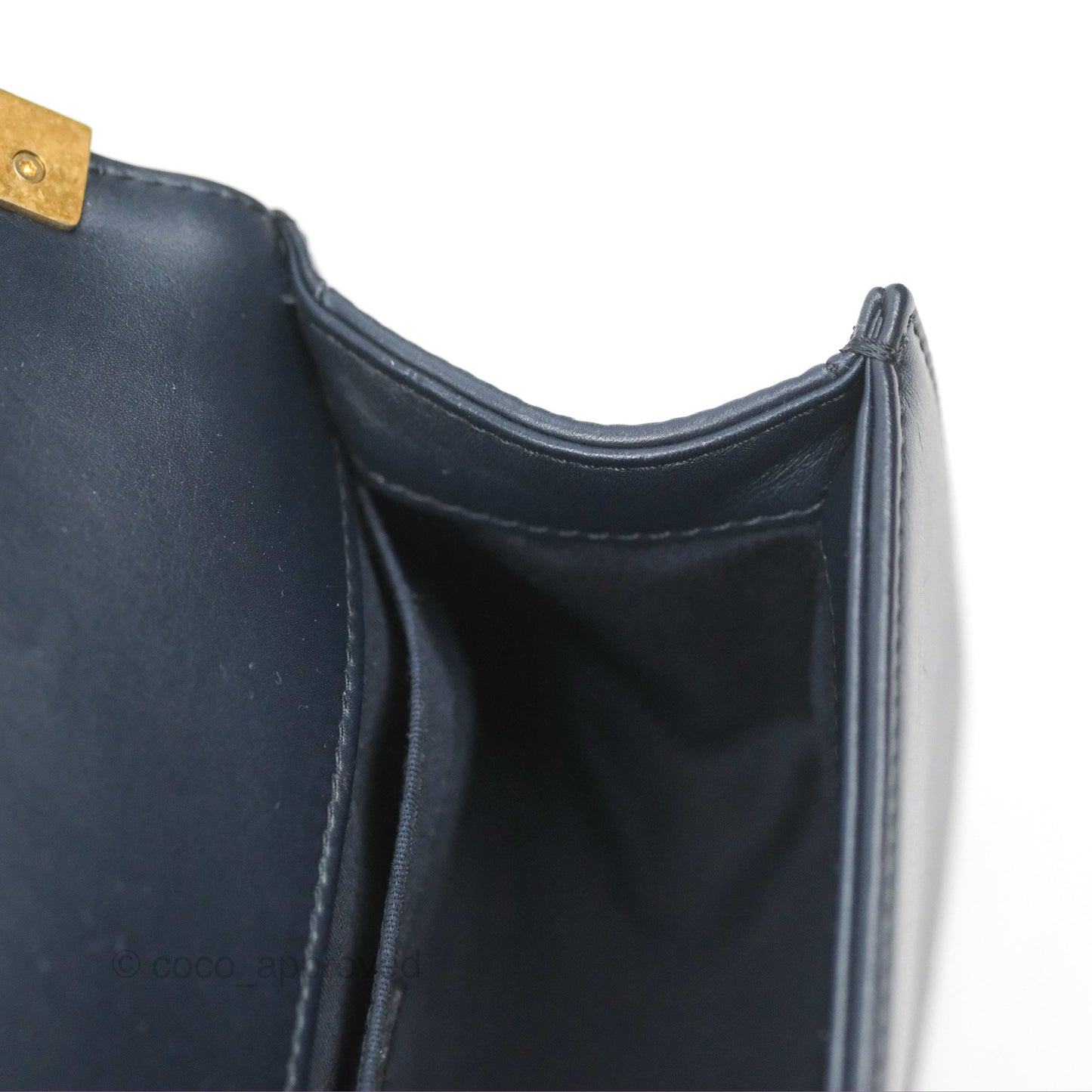 Chanel Small Boy Quilted Navy Lambskin Aged Gold Hardware