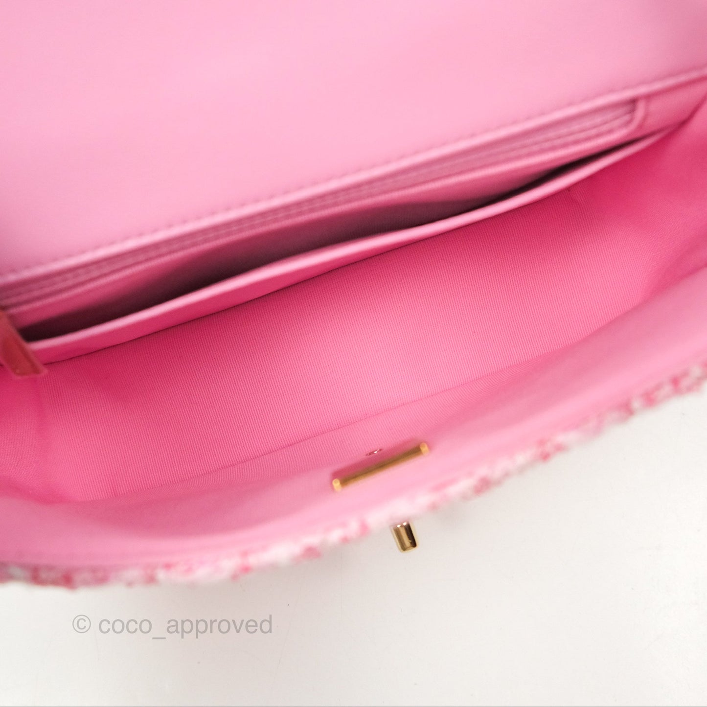 Chanel Flap Bag with Heart Resin Charm Chain Pink Tweed Gold Hardware