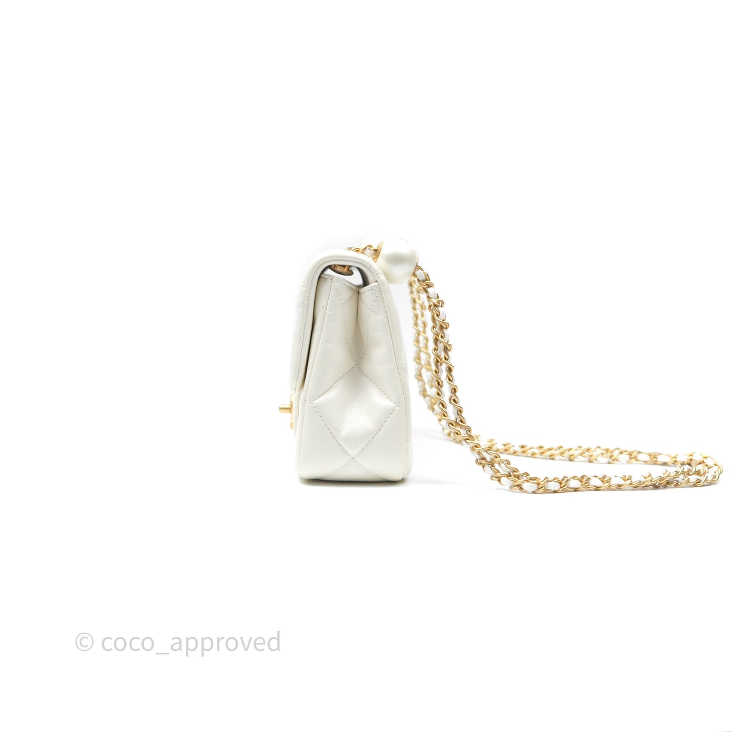 Chanel Quilted Double Pearl Adjustable Chain Flap Bag White Lambskin Aged Gold Hardware 24S