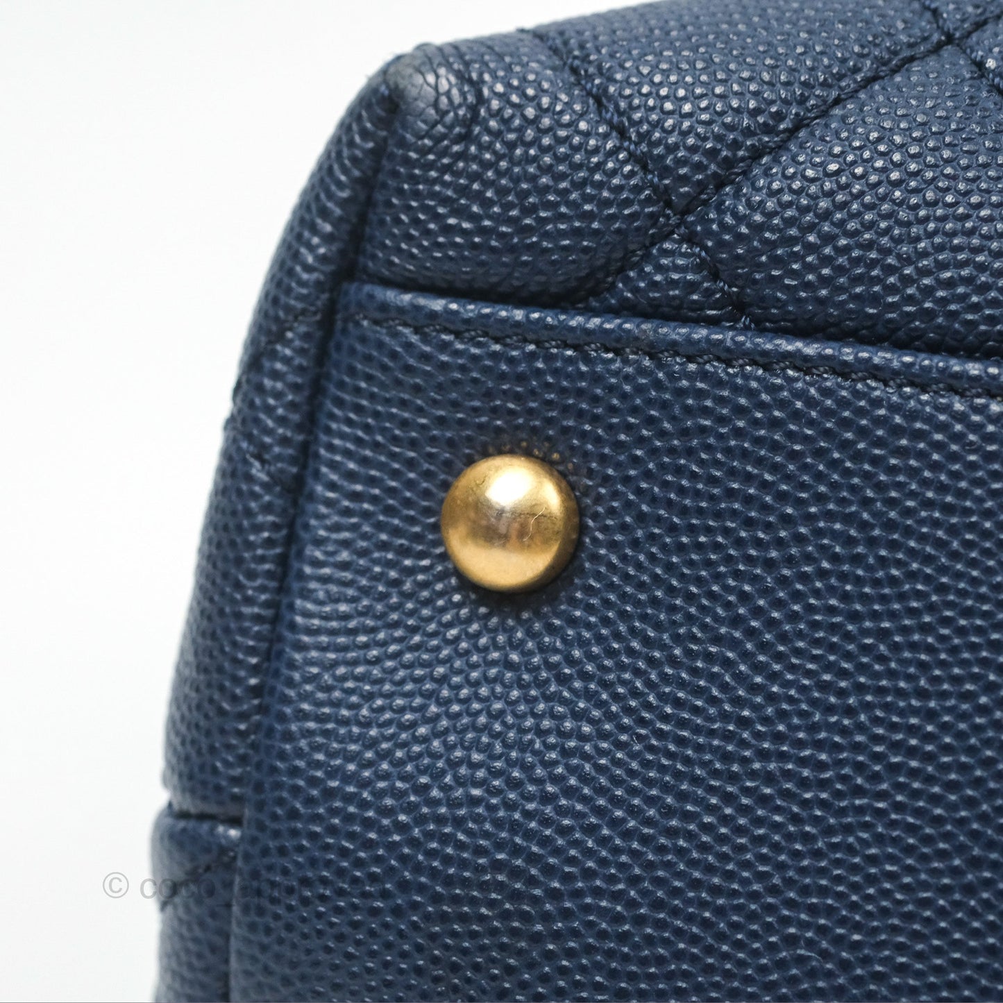 Chanel Medium Coco Handle Quilted Navy Caviar Lizard Handle Aged Gold Hardware
